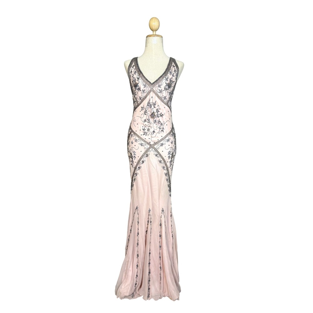 Cache Y2K Pink Silk Beaded Mermaid Formal Gown Dress V-Neck Open Back Size 6
